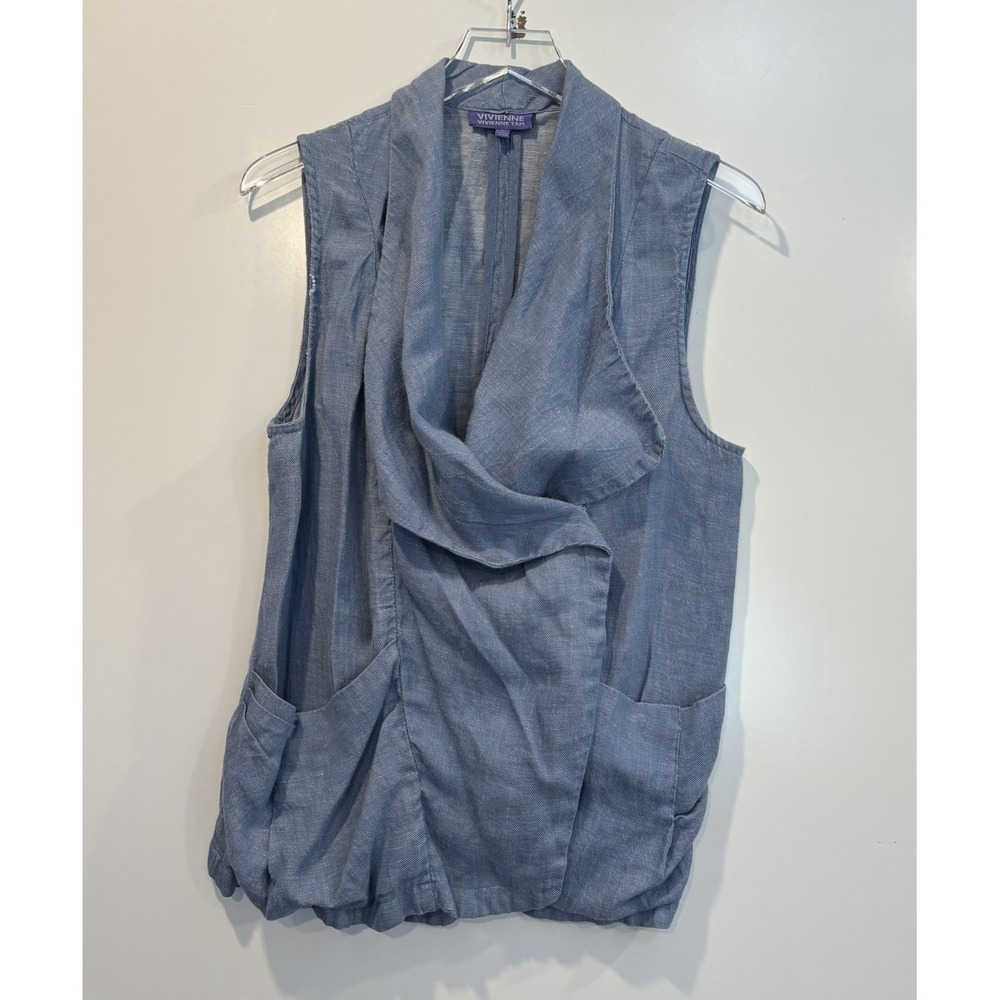 Vivienne Tam Blue 100% Linen Draped Cowl Neck Sleeveless Pocket Vest Large